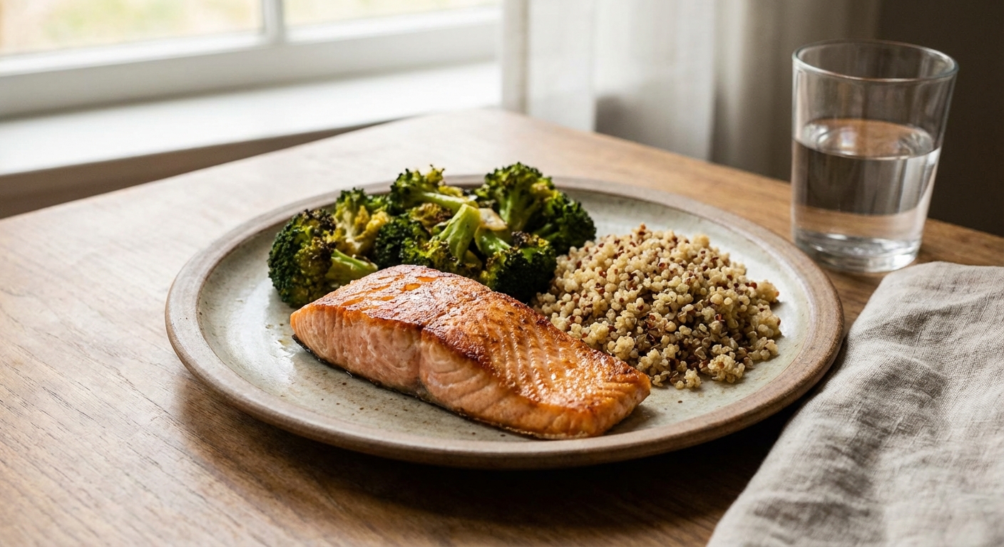연어와 브로콜리가 담긴 저녁 식사 플레이트