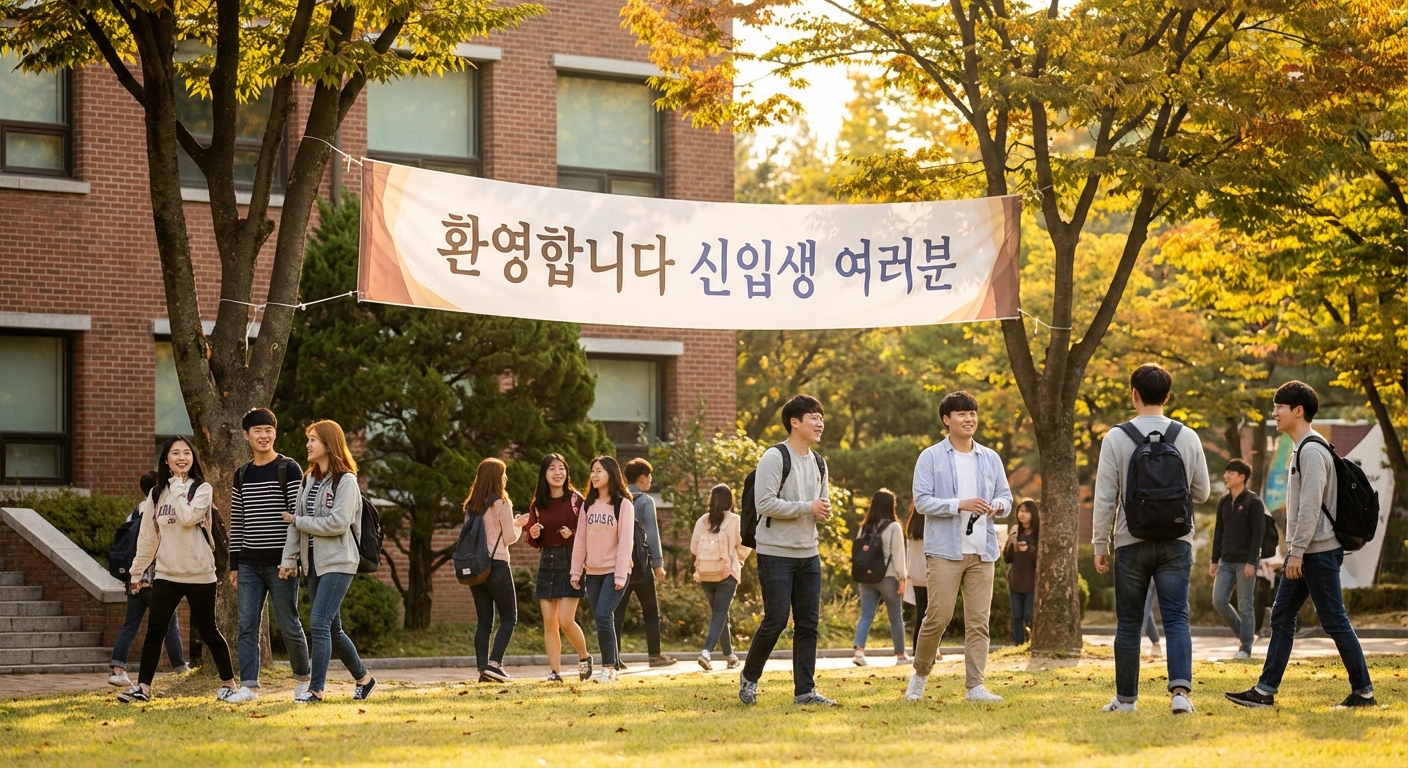 대학 캠퍼스와 신입생 환영 현수막