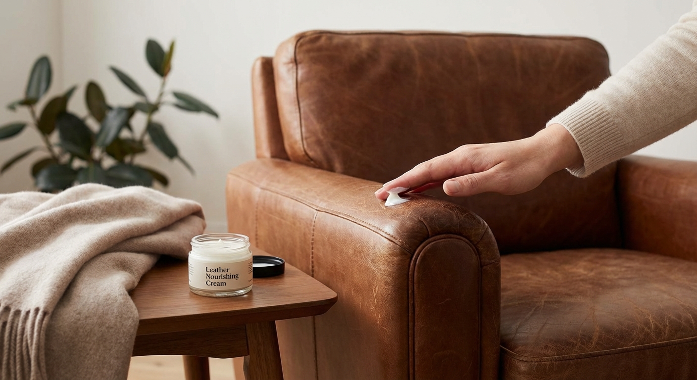 영양크림을 손에 묻혀 가죽 소파에 바르는 모습