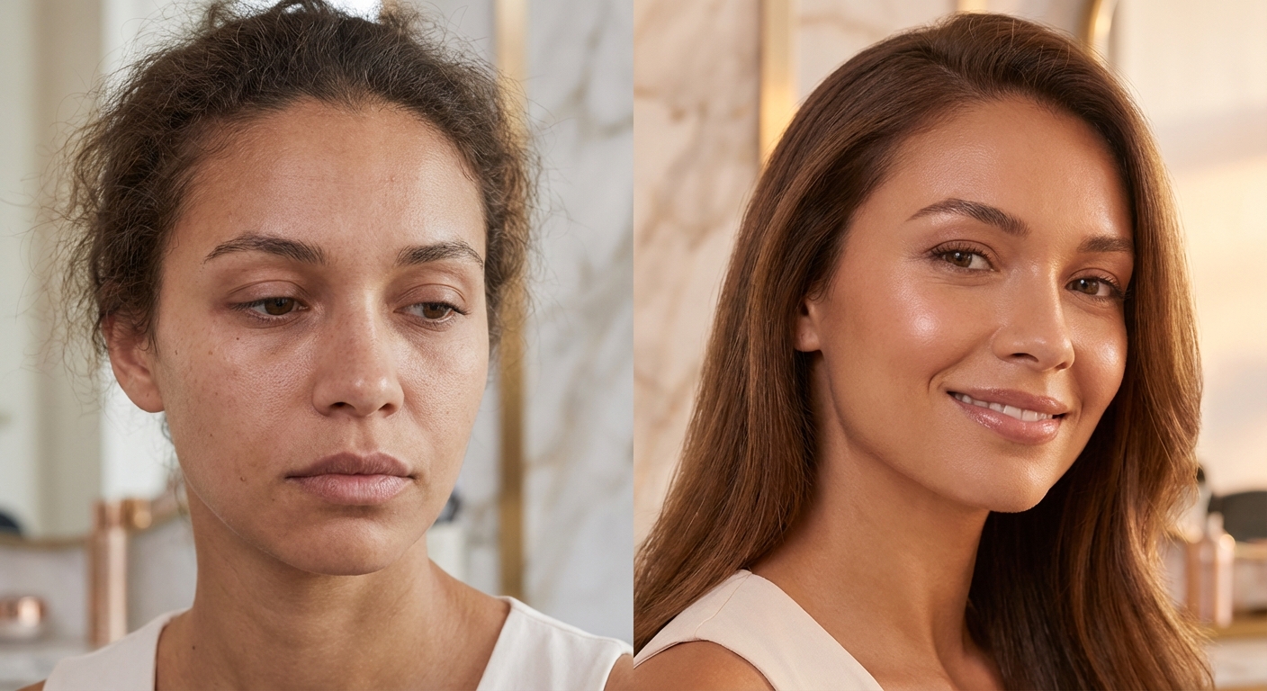 케어 전후 비교 이미지 또는 만족스러운 표정의 여성 클로즈업