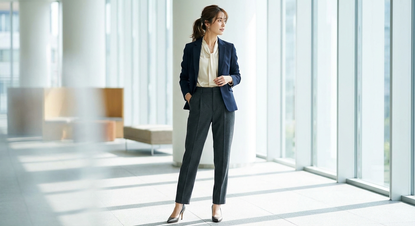 오피스 룩 + 미디엄포니테일 전신 코디