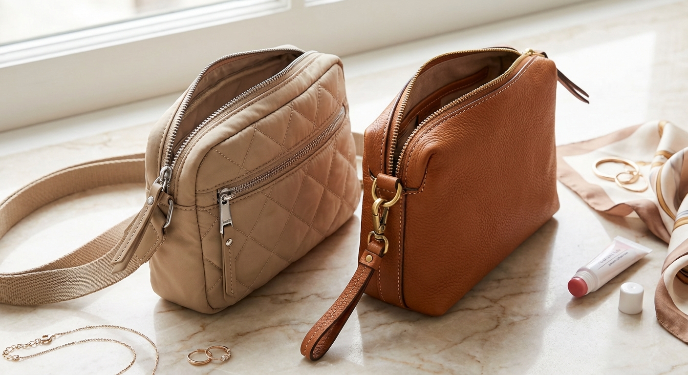 나일론 파우치와 가죽 파우치 디테일 컷