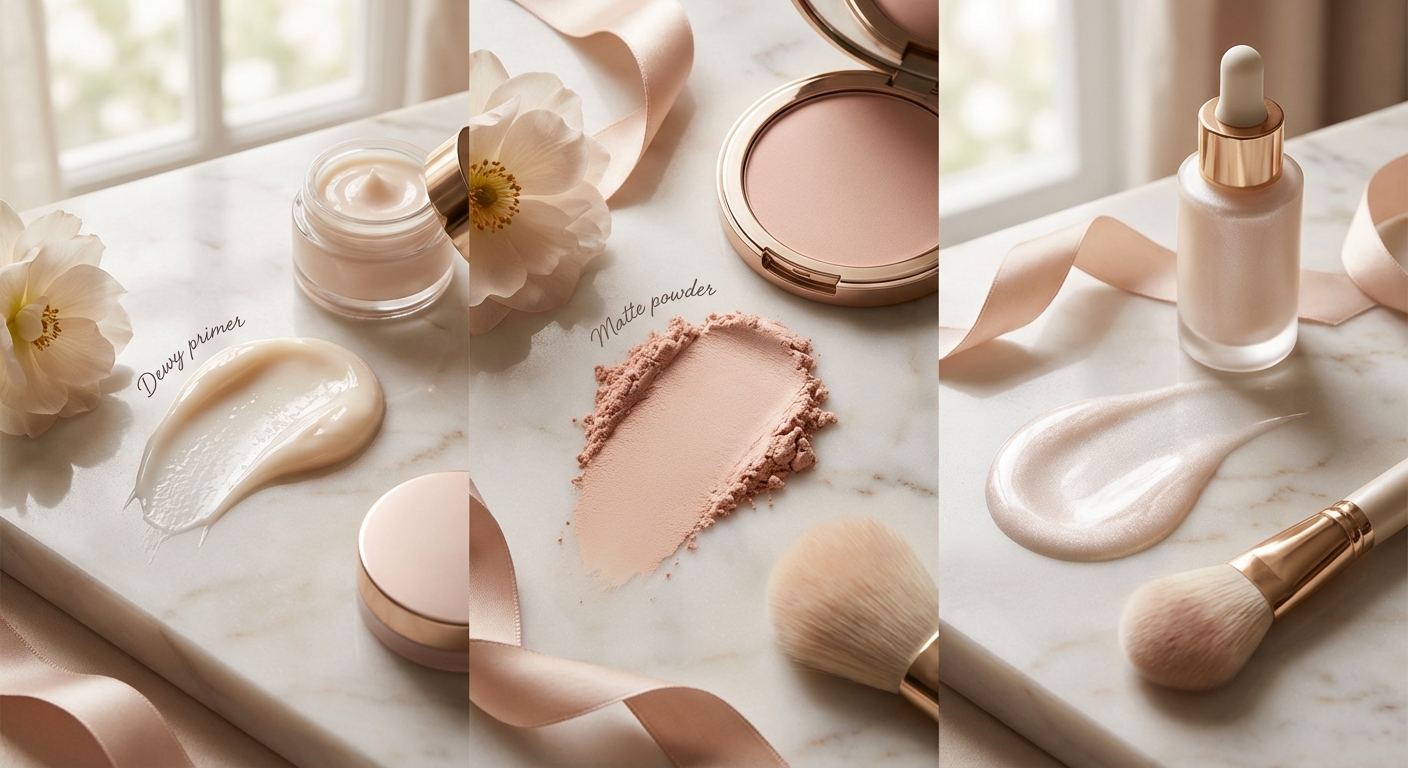 피부 타입별 프라이머 텍스처 비교 - 보습형/매트형/광채형