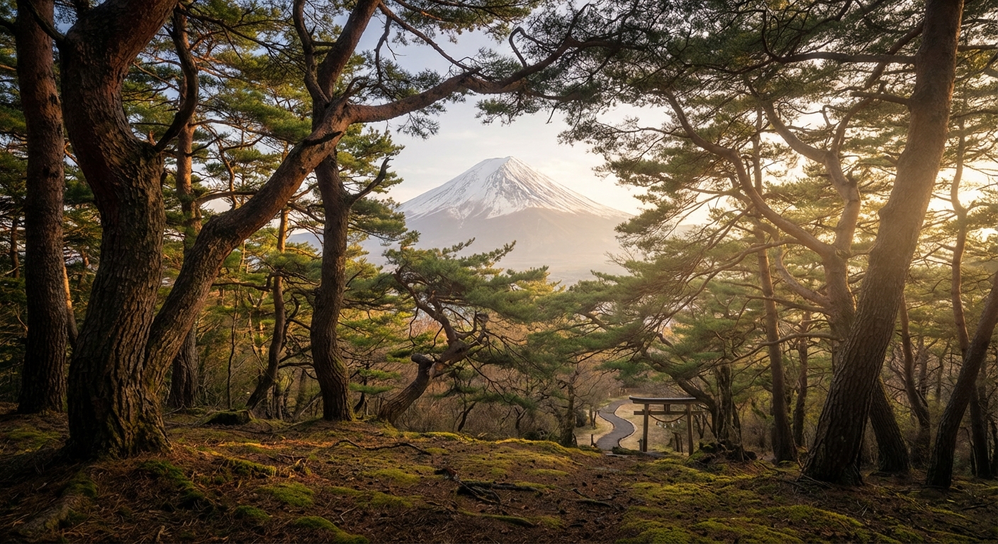 소나무 숲 사이로 보이는 후지산 전경