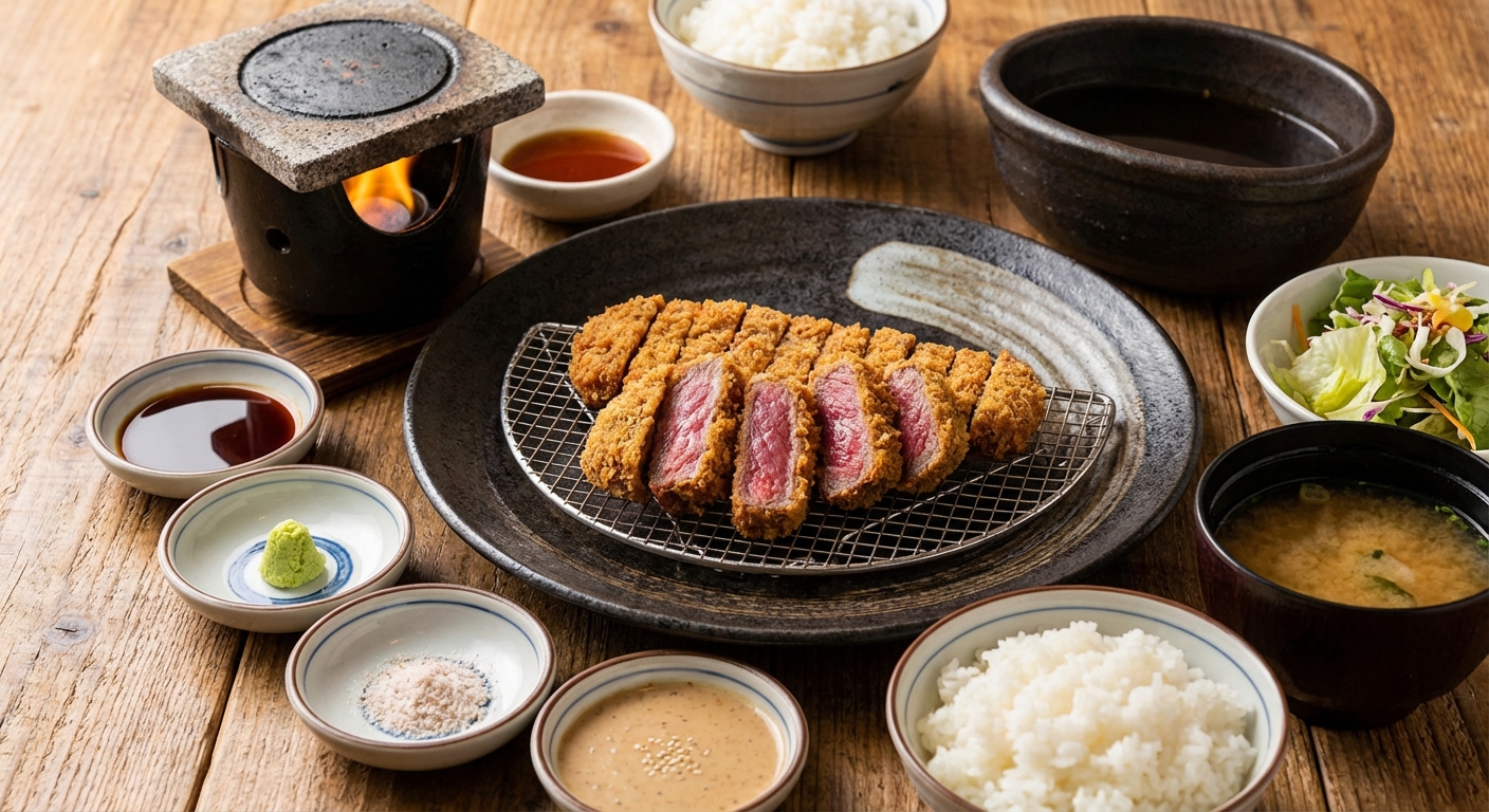 다양한 소스와 함께 차려진 규카츠 정식