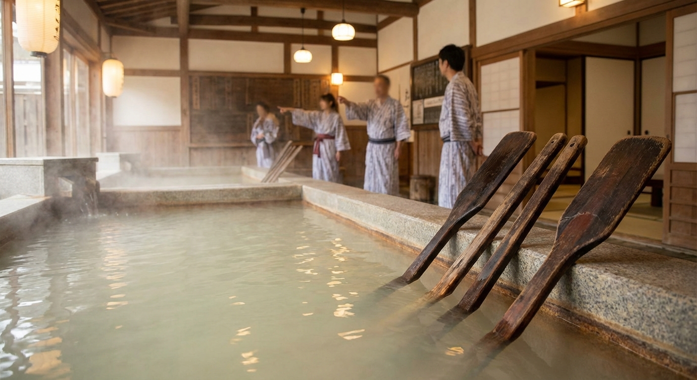유모미에 사용되는 긴 나무판과 온천수가 담긴 욕탕