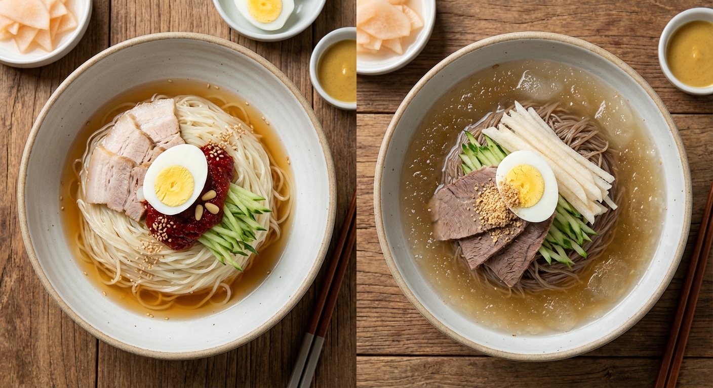 밀면과 냉면 고명 비교 사진