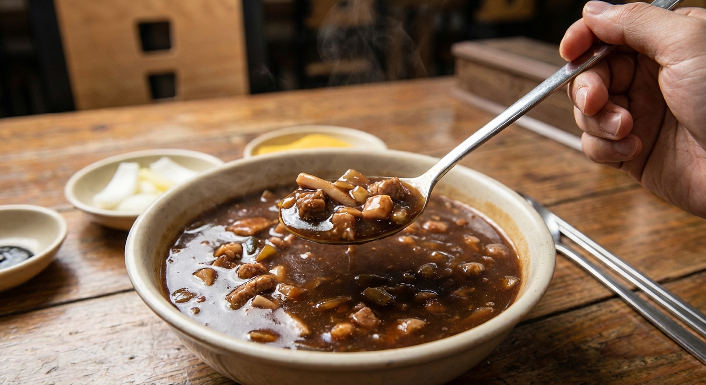 물짜장 국물을 숟가락으로 떠먹는 모습