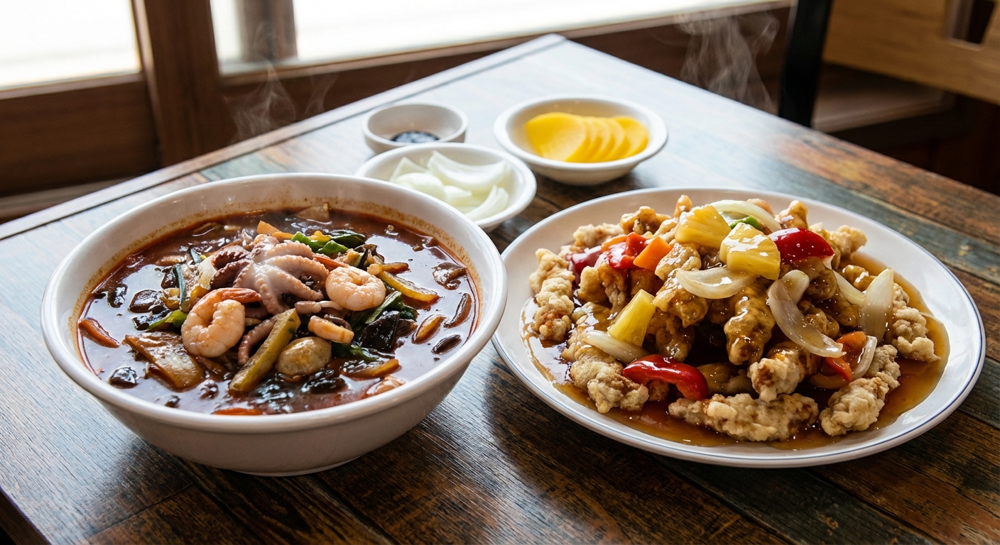 물짜장과 탕수육이 함께 차려진 테이블