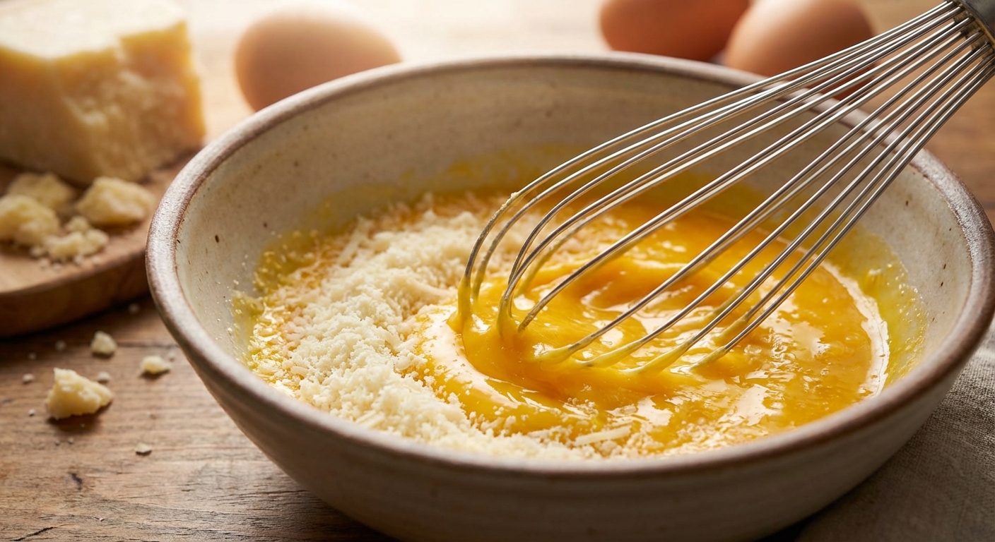 계란 노른자와 치즈를 섞는 모습