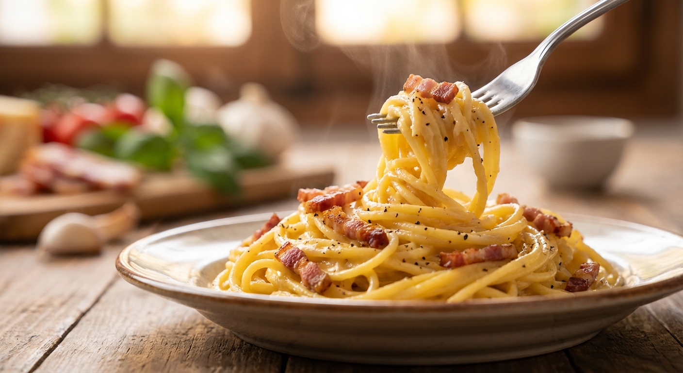 완성된 까르보나라를 포크로 말아 올린 모습