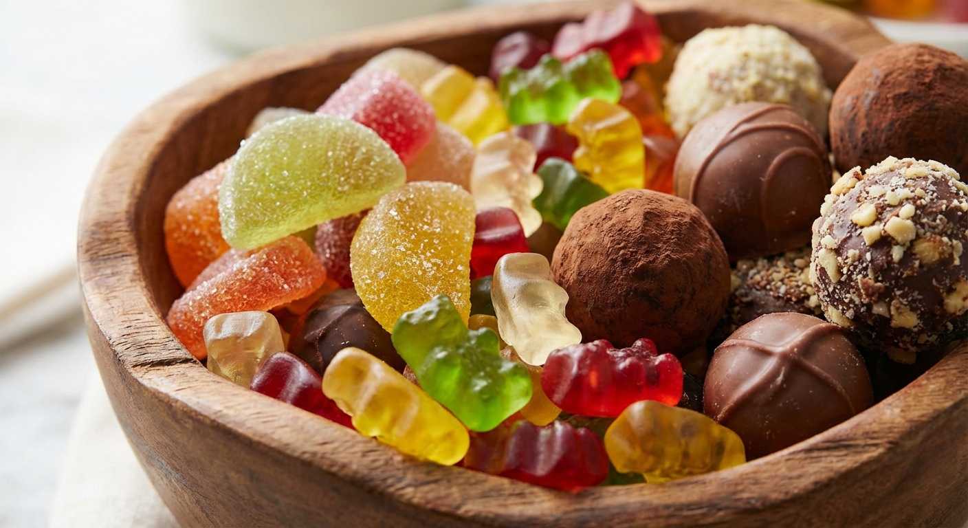 다양한 색상과 모양의 젤리&middot;구미&middot;초콜릿 클로즈업