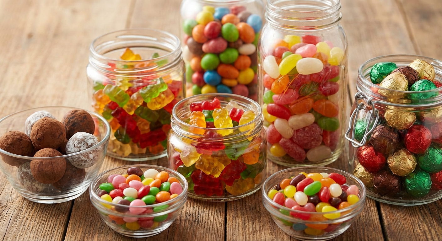 종류별 캔디&middot;젤리&middot;초콜릿을 담은 투명 용기 여러 개