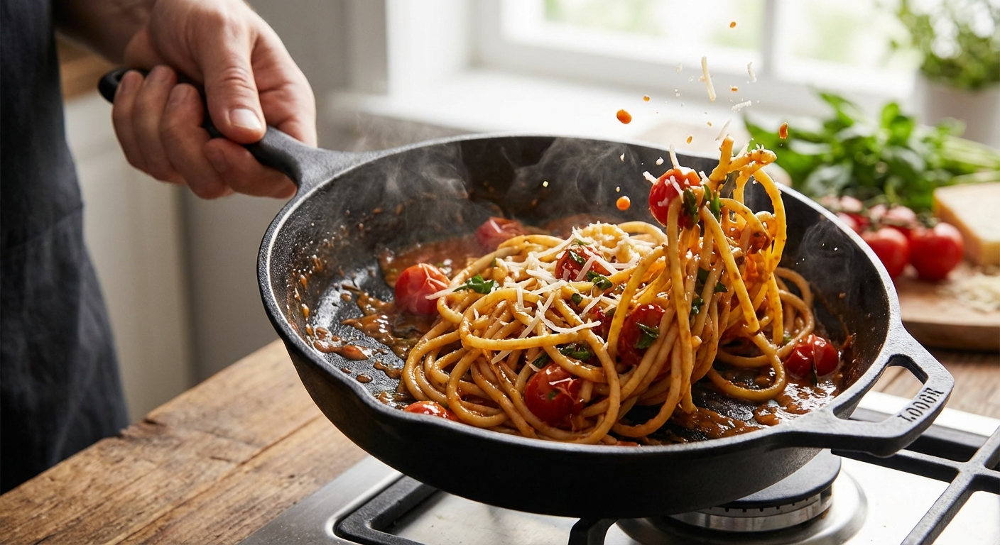 팬에서 소스와 면을 버무리는 모습
