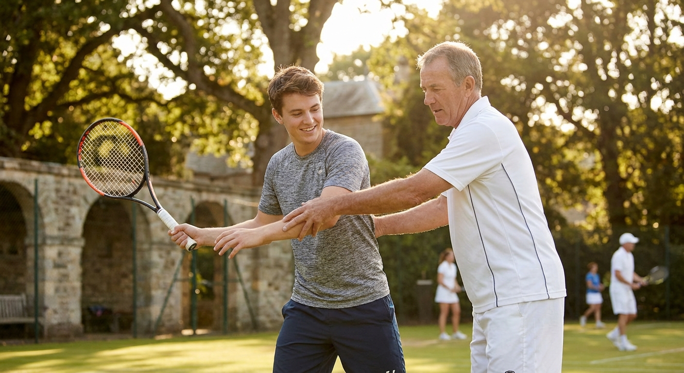 초보자가 코치에게 포핸드 자세를 배우는 장면