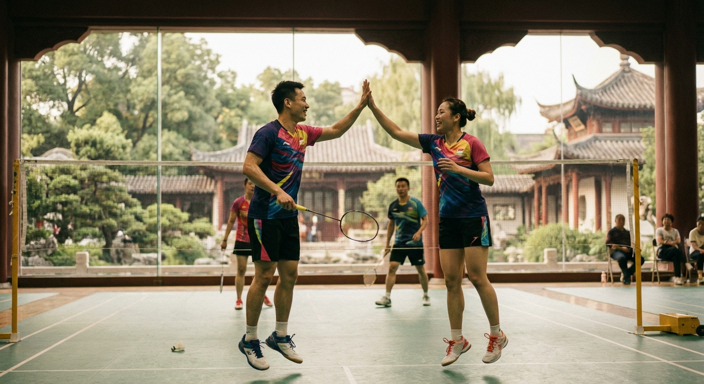 복식 경기 중 파트너와 하이파이브하는 모습