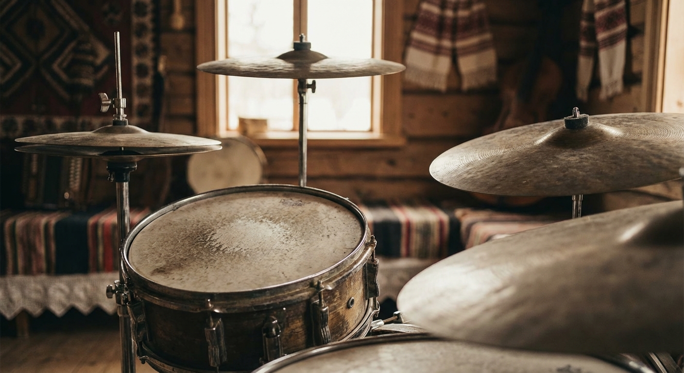 드럼 세트 클로즈업, 스네어와 심벌이 강조된 사진