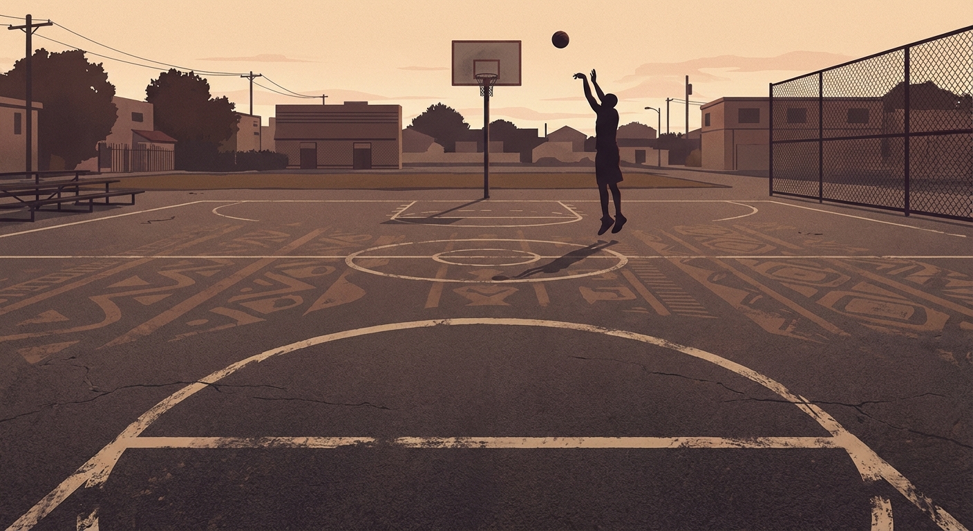 농구 코트 3점 라인 표시와 슈팅 장면