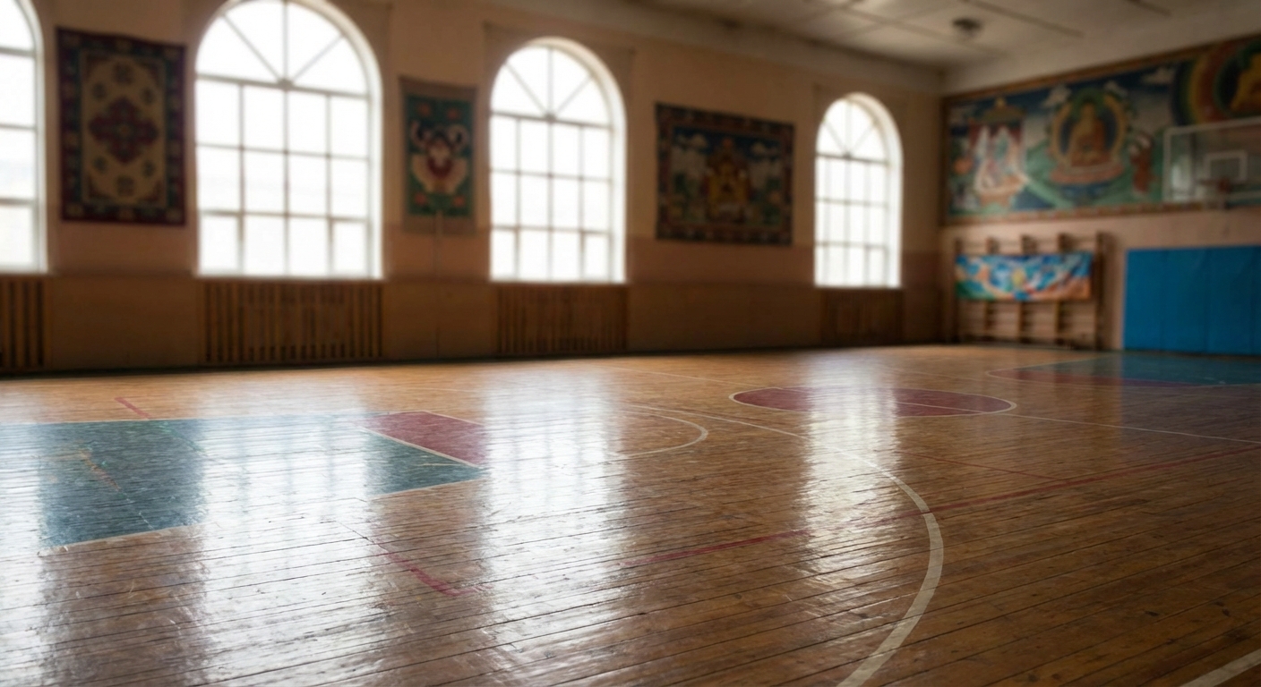 3점 라인과 자유투 라인이 표시된 농구 코트