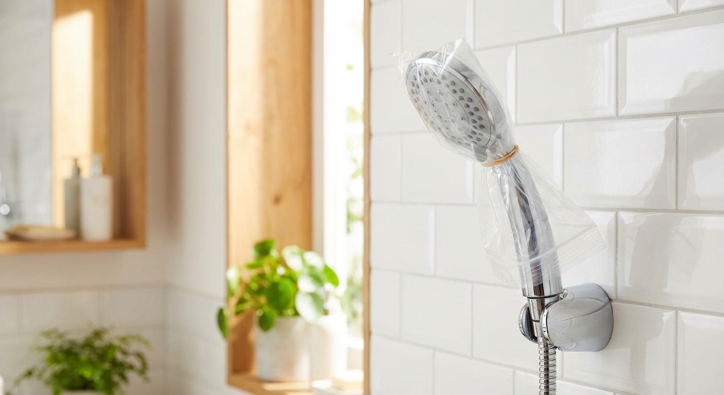 샤워기 헤드에 비닐봉지 씌운 모습