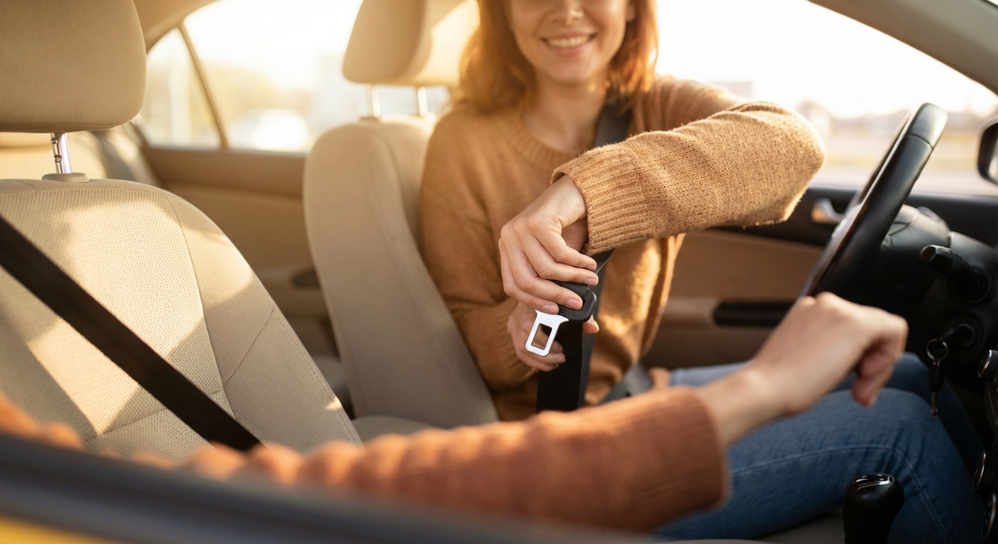 택시 내부에서 안전벨트 착용하는 모습