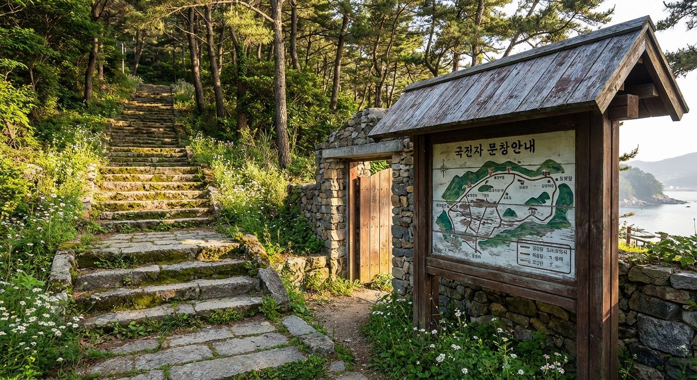 죽도암 입구 계단과 안내판