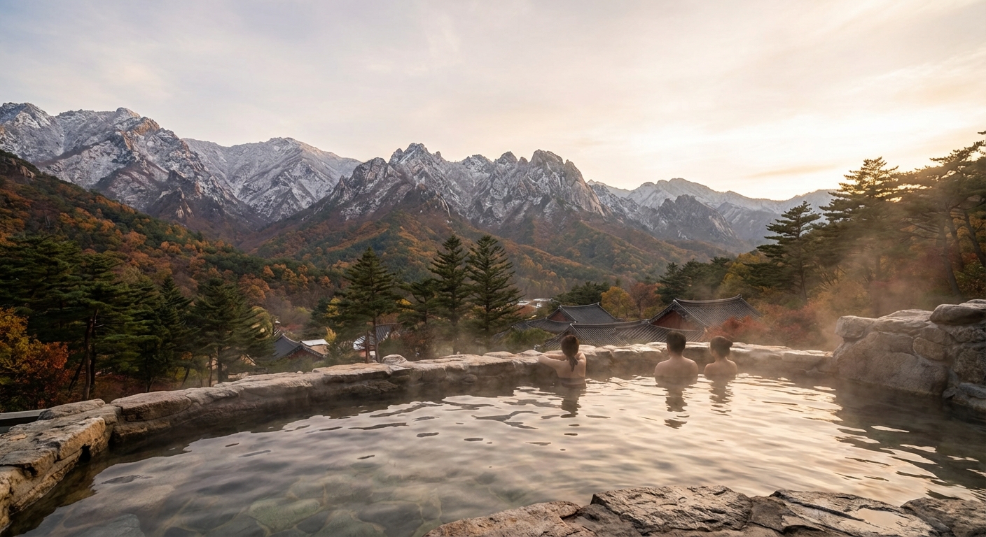 노천 온천탕과 설악산 전망