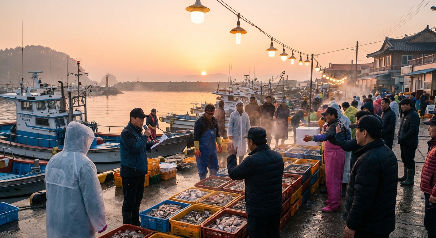 남애항 새벽 어시장 경매 장면