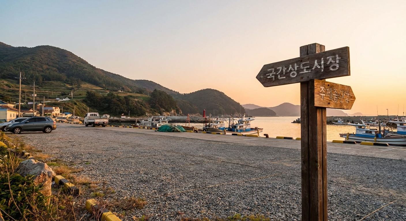 남애항 주차장과 안내 표지판