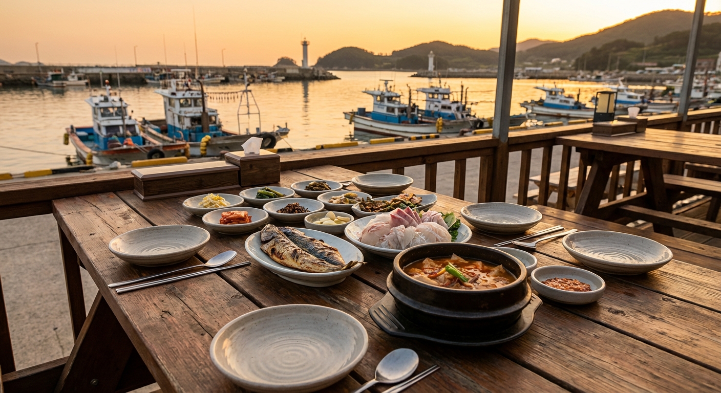 남애항 해산물 요리와 테이블 세팅