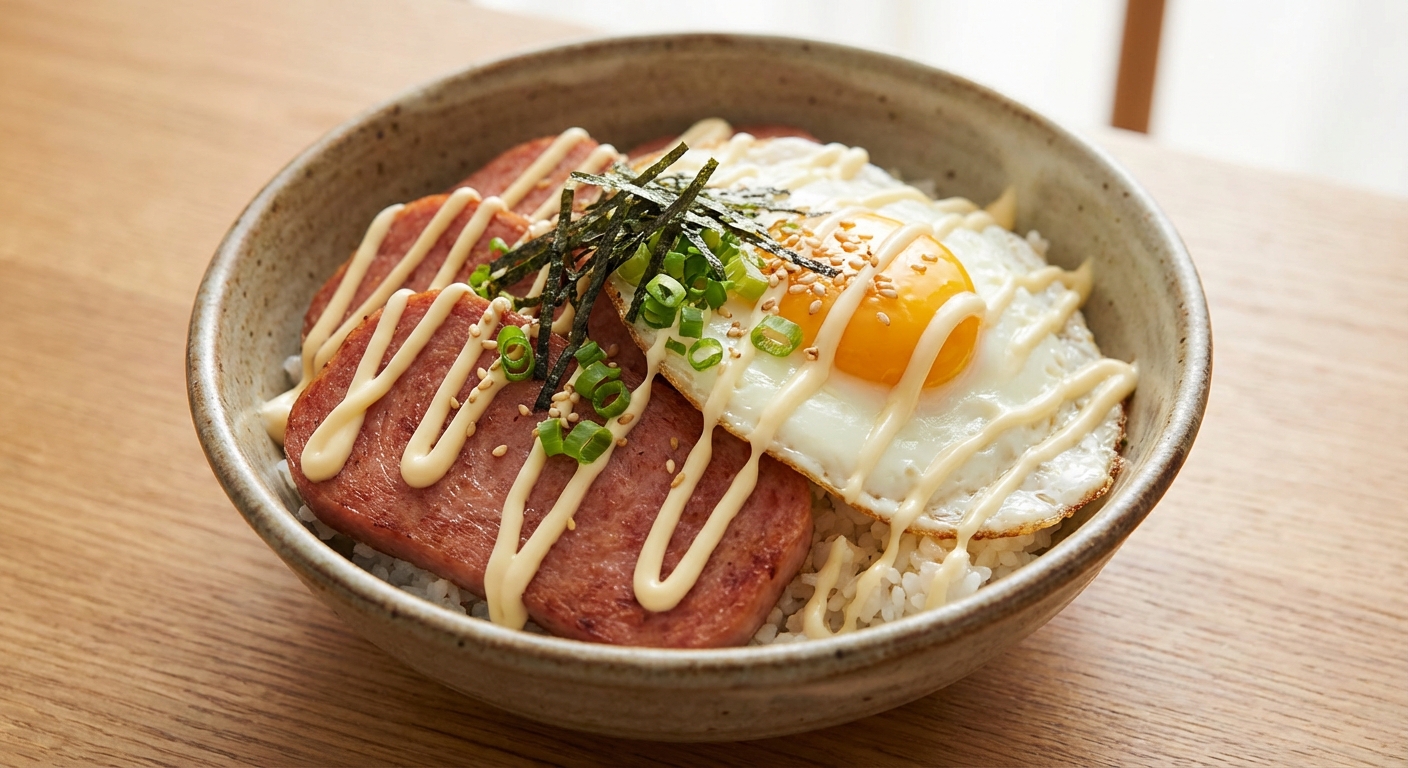 스팸과 마요네즈, 계란 후라이가 올라간 덮밥