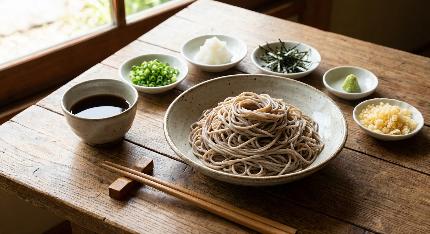 메밀면과 쯔유, 고명 재료들