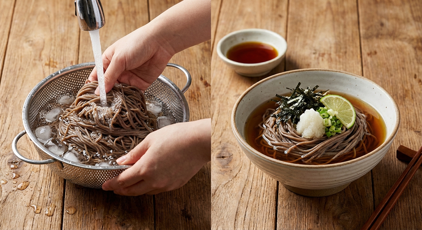 찬물에 헹구는 메밀면과 완성된 냉모밀