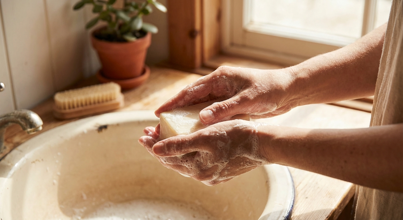 손에 비누 거품을 낸 모습