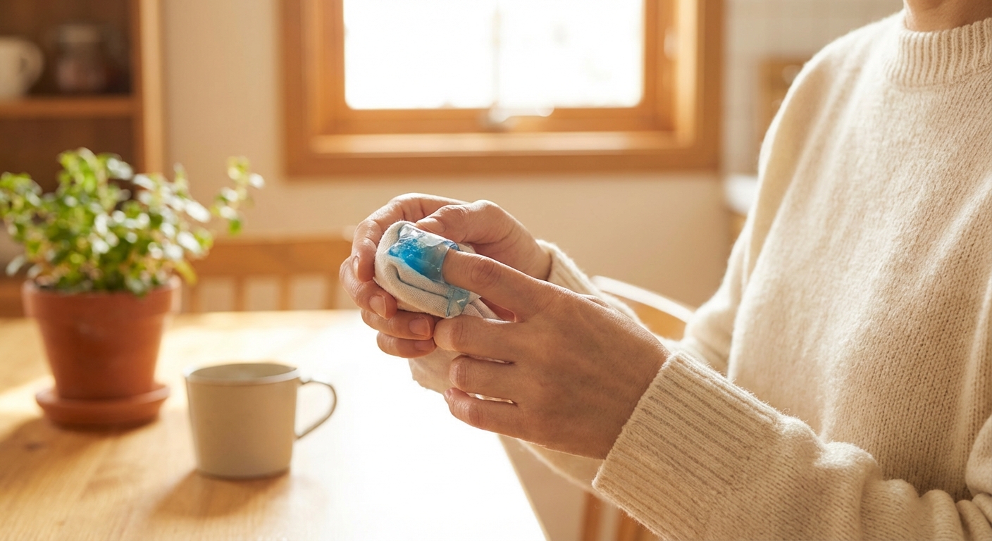 손가락에 아이스팩을 대고 있는 모습