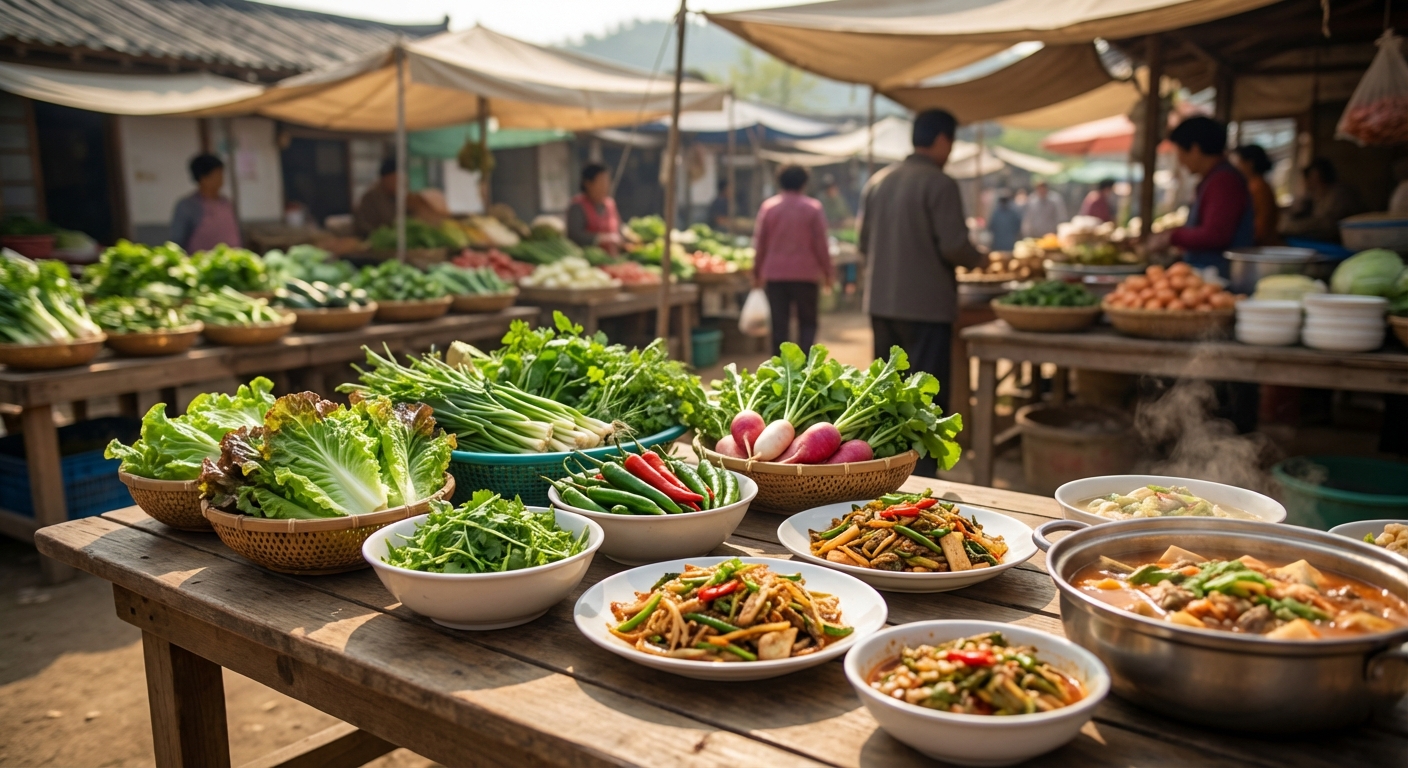 북한 텃밭과 장마당 풍경