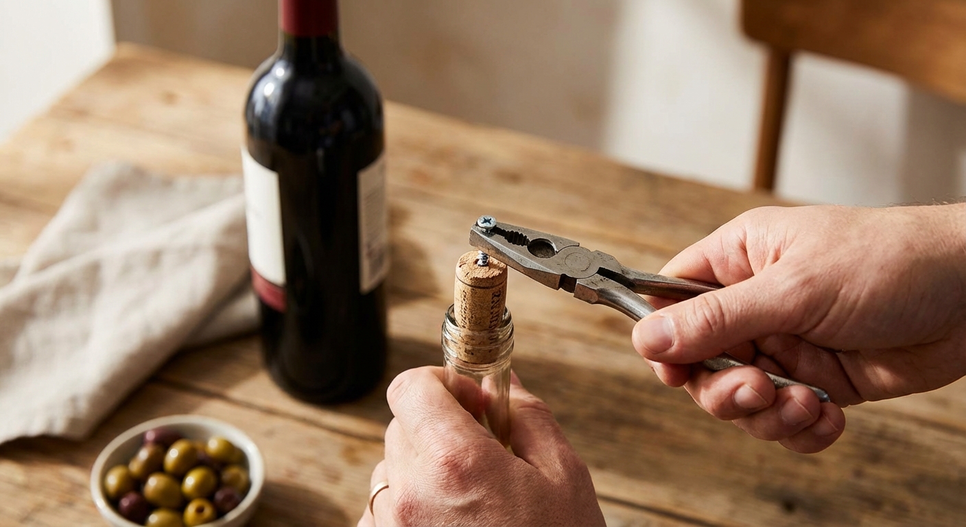 나사못과 플라이어로 코르크 빼는 모습