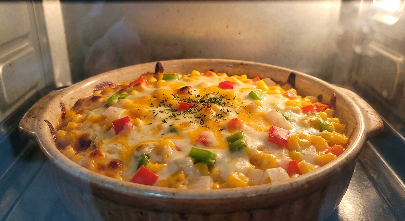 오븐에서 굽고 있는 콘치즈