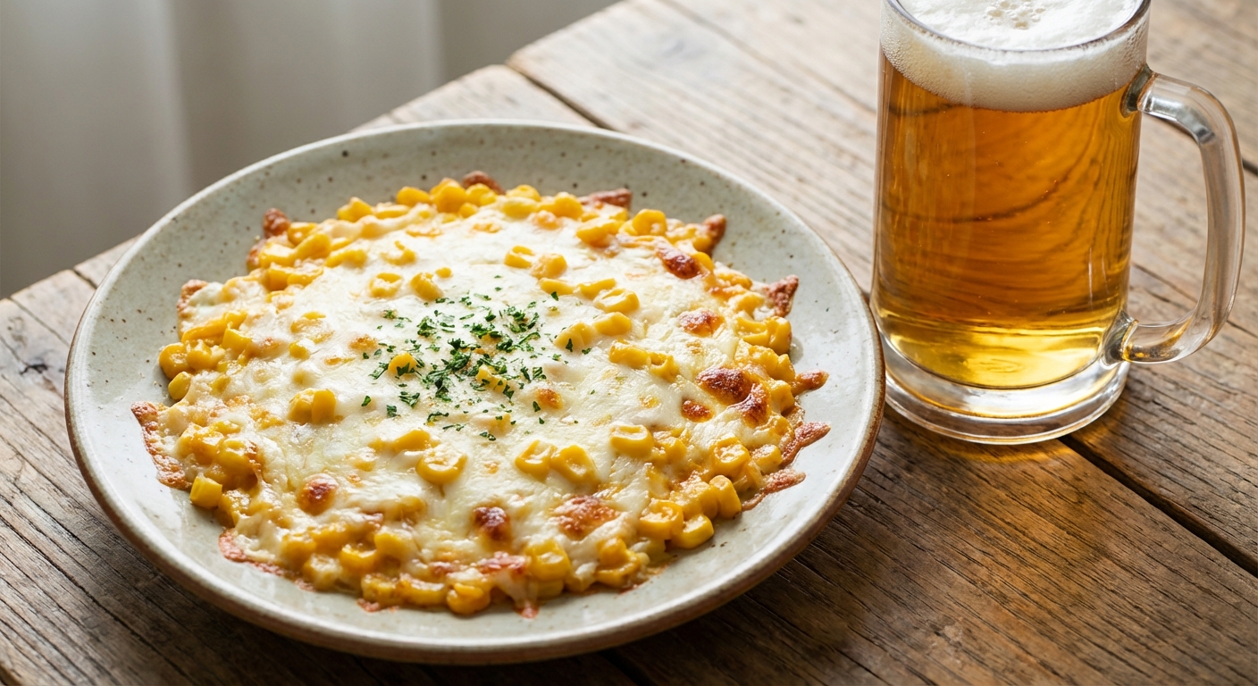 접시에 담긴 콘치즈와 맥주