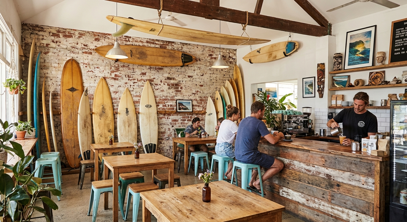 서핑보드가 진열된 카페 내부