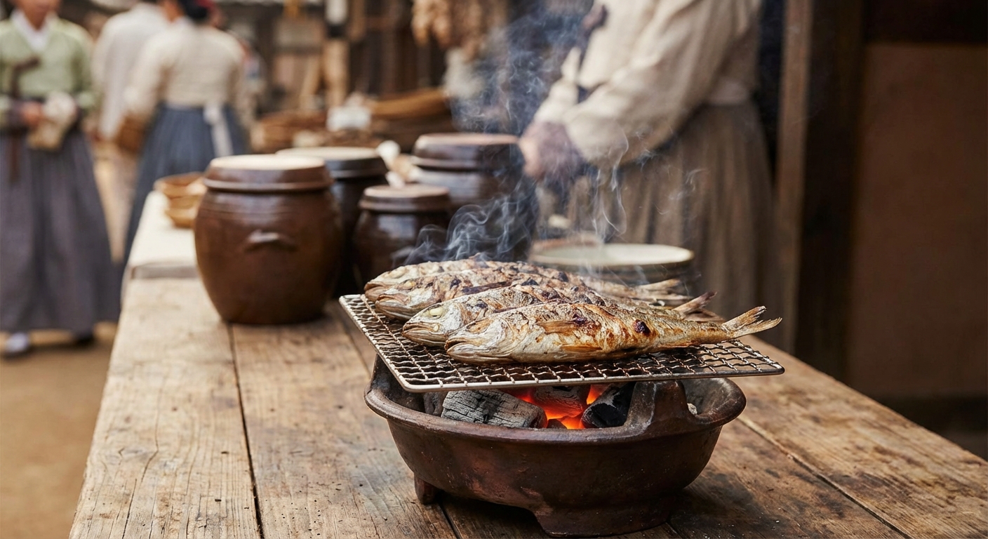 연탄불 화로구이 도루묵 조리 장면