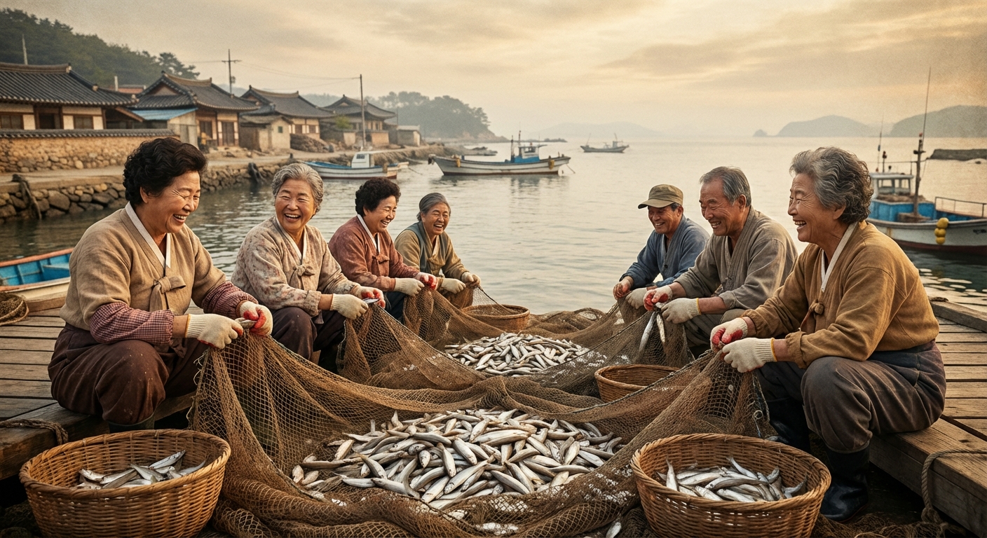 도루묵 그물 뜯기 체험 장면