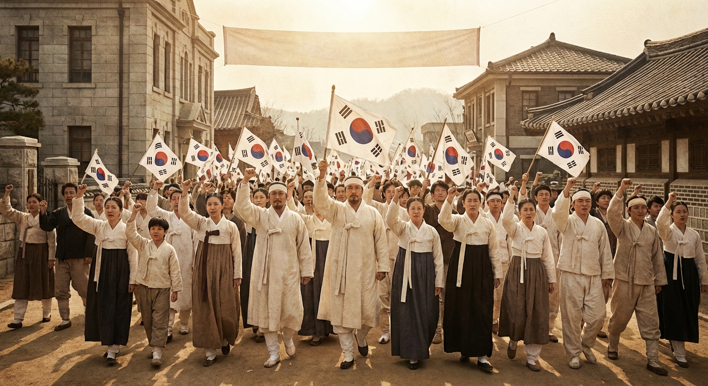 태극기를 든 만세 운동 참가자들 모습