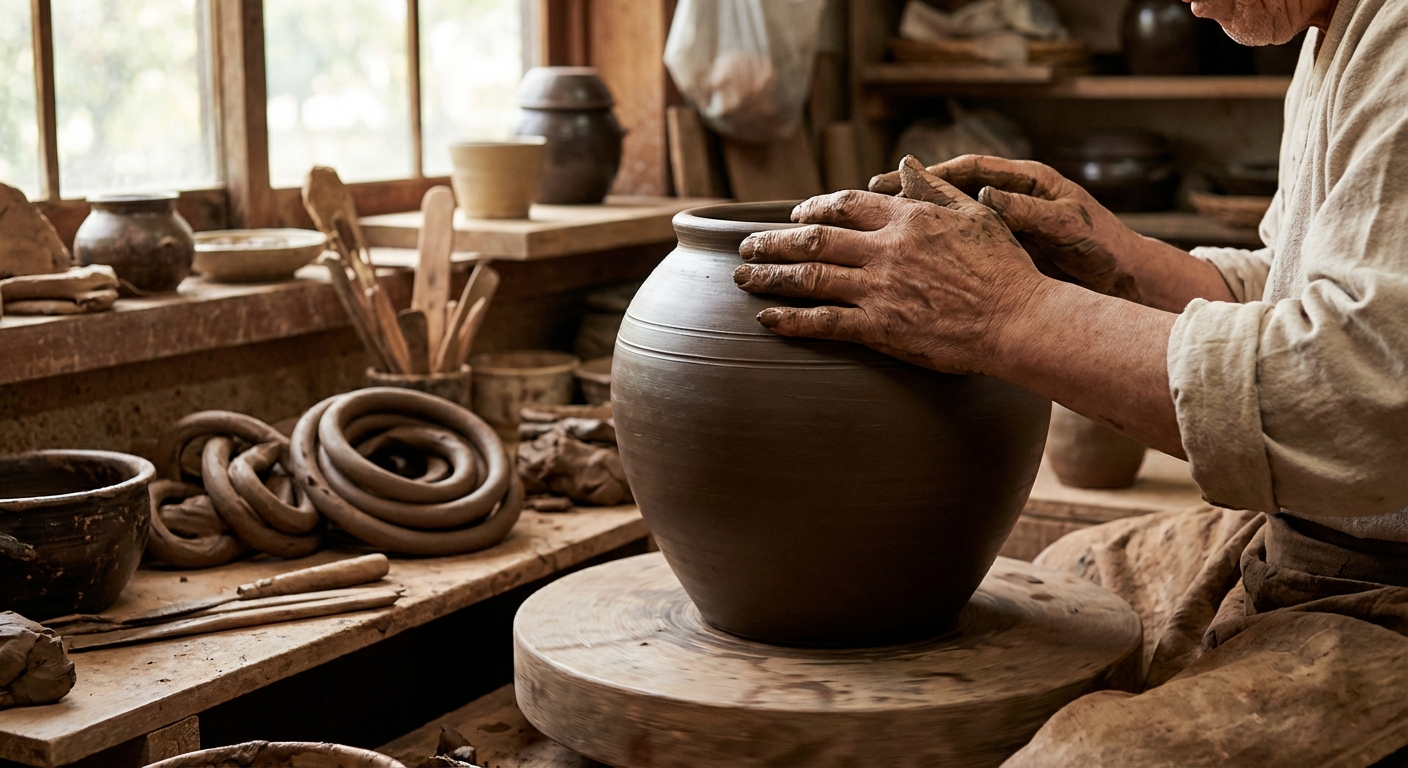 전통 물레로 옹기를 빚는 장인의 손