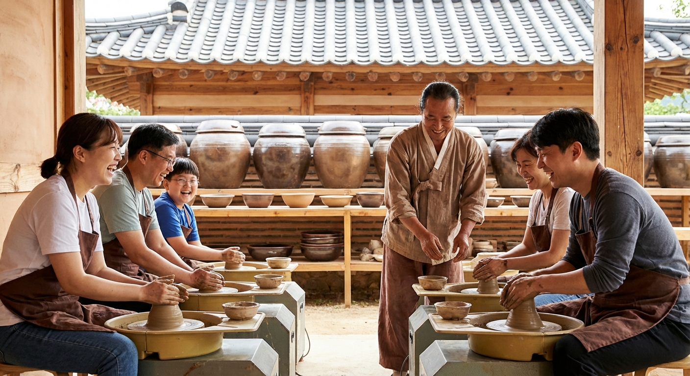 옹기 만들기 체험 중인 방문객들