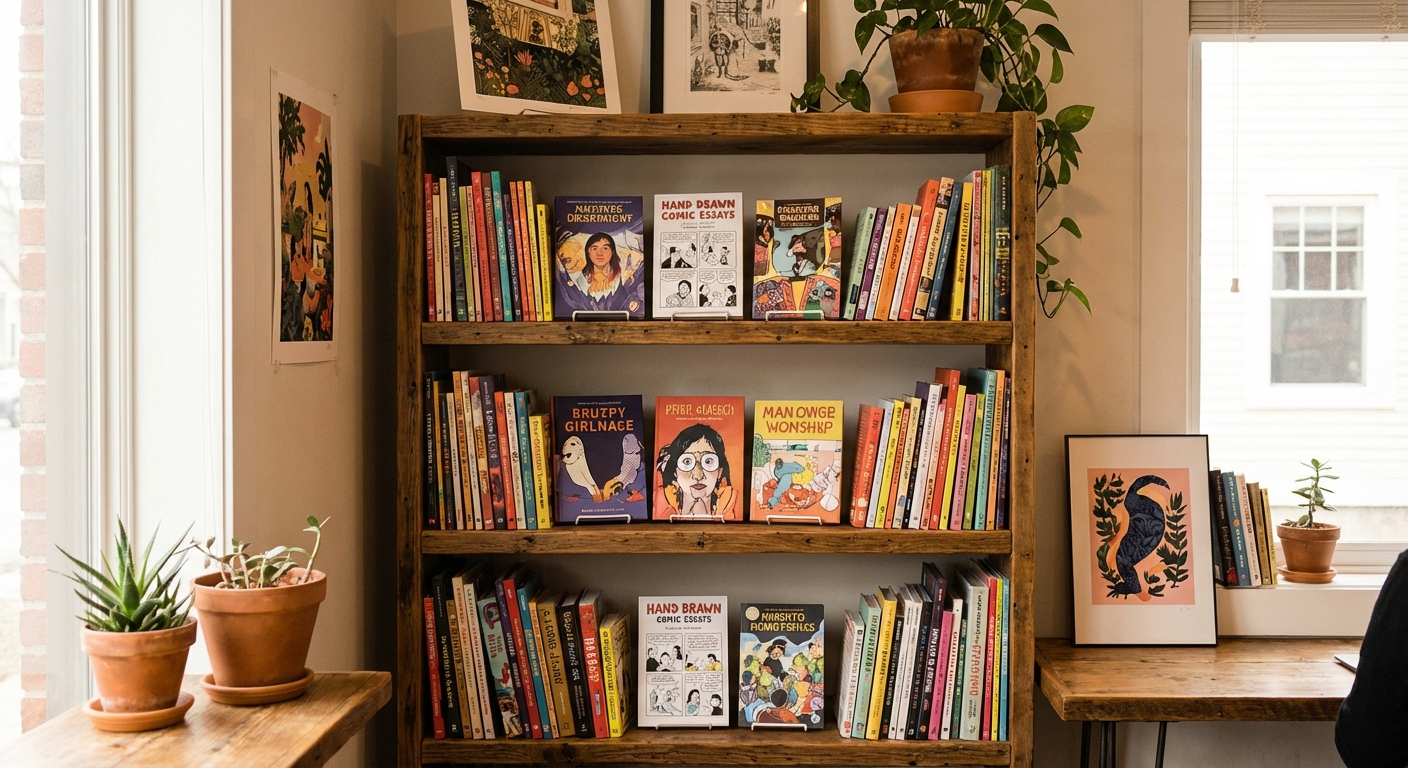 그래픽노블과 만화 에세이가 진열된 책장