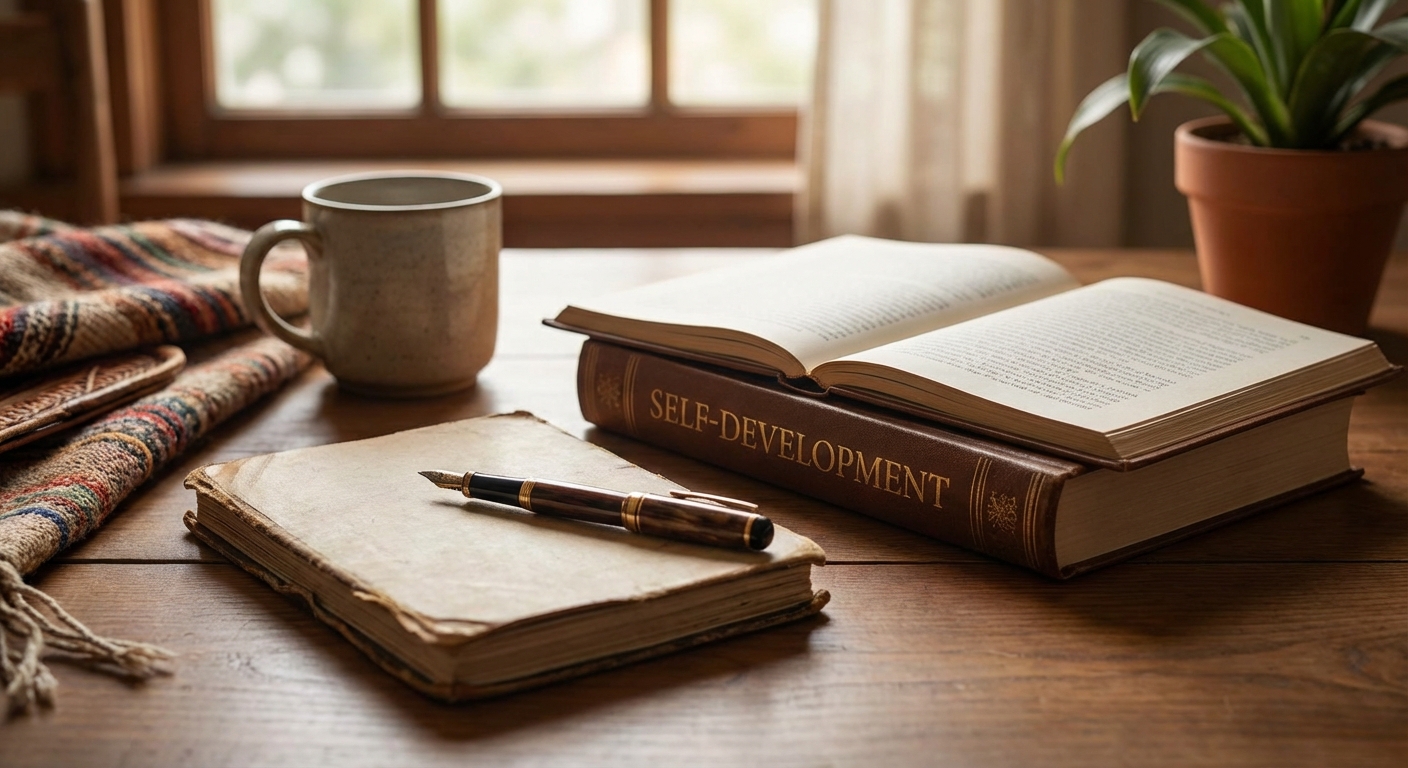노트와 펜 옆에 놓인 자기계발서