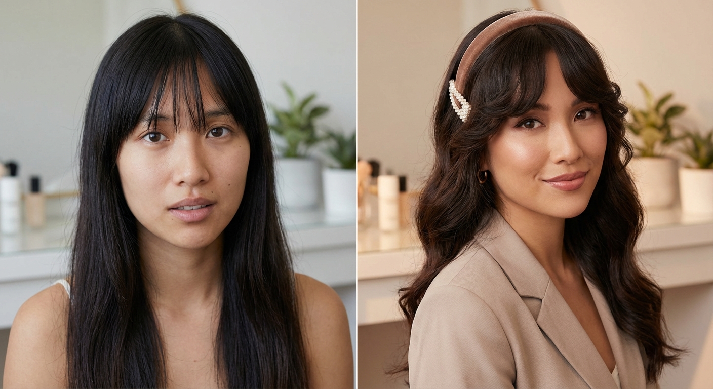 앞머리 스타일링 전후 비교 및 액세서리 활용 예시