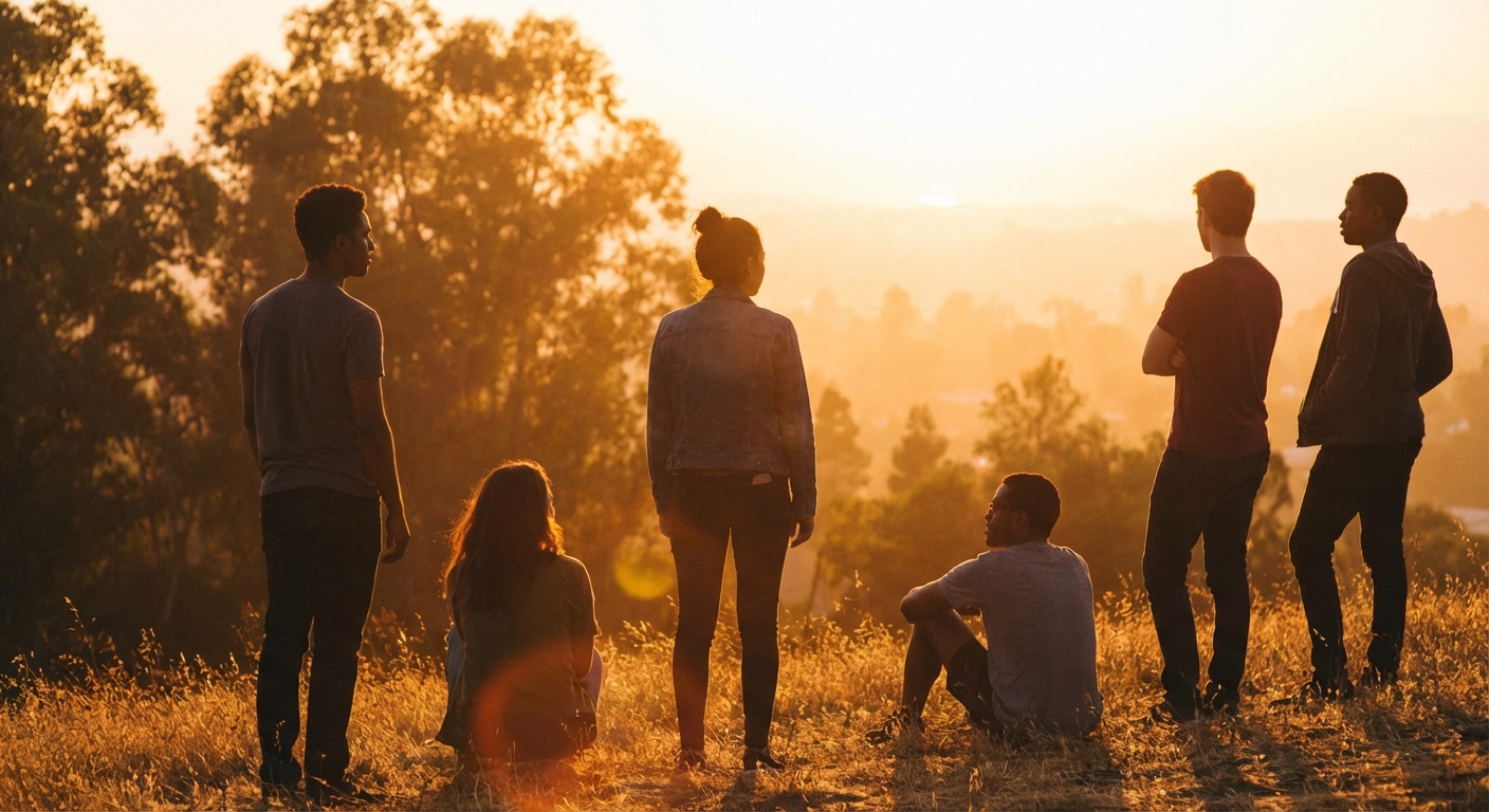 각자 다른 방향을 바라보는 사람들의 실루엣