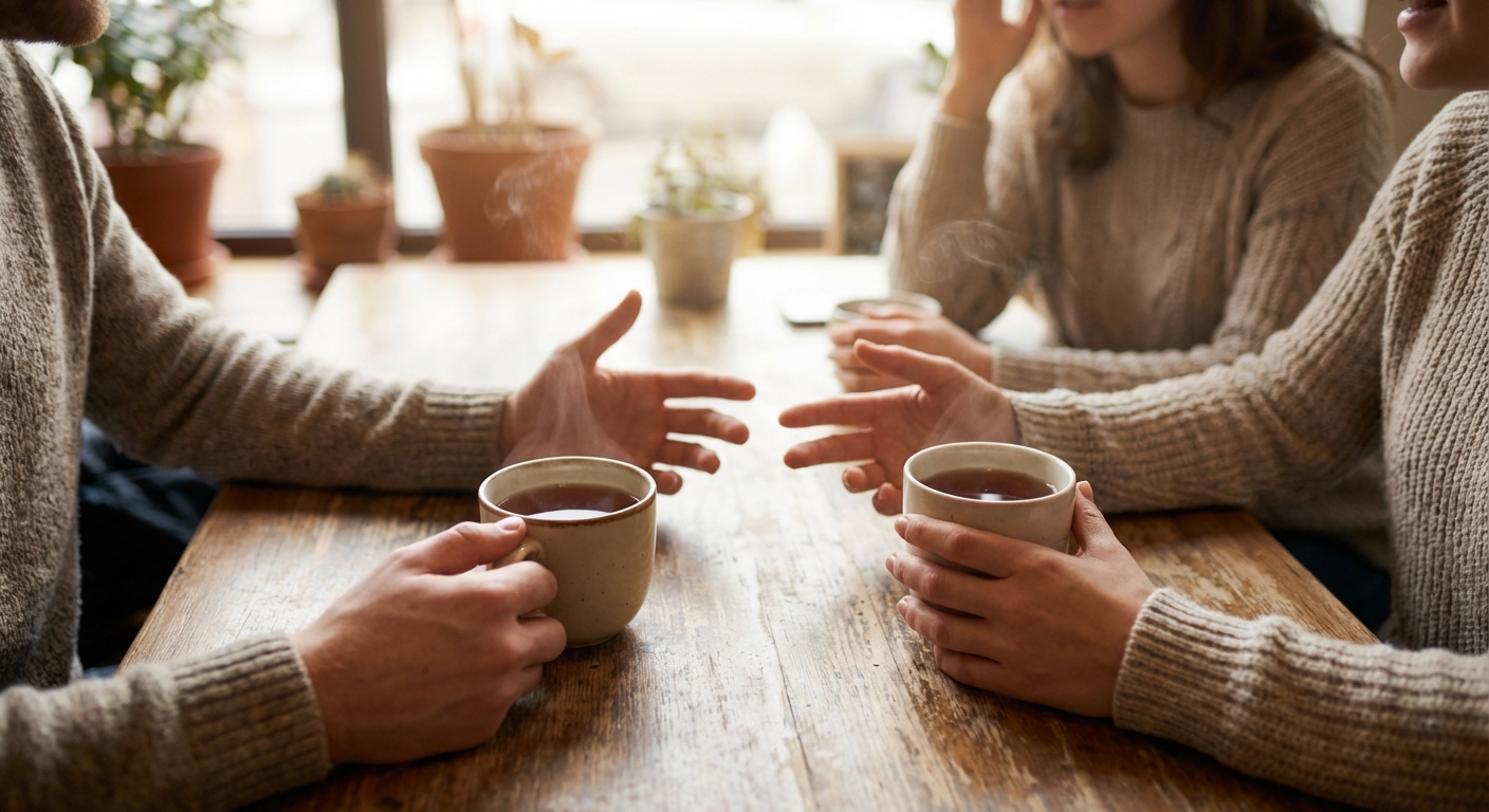 따뜻한 차를 마시며 대화하는 두 사람의 손